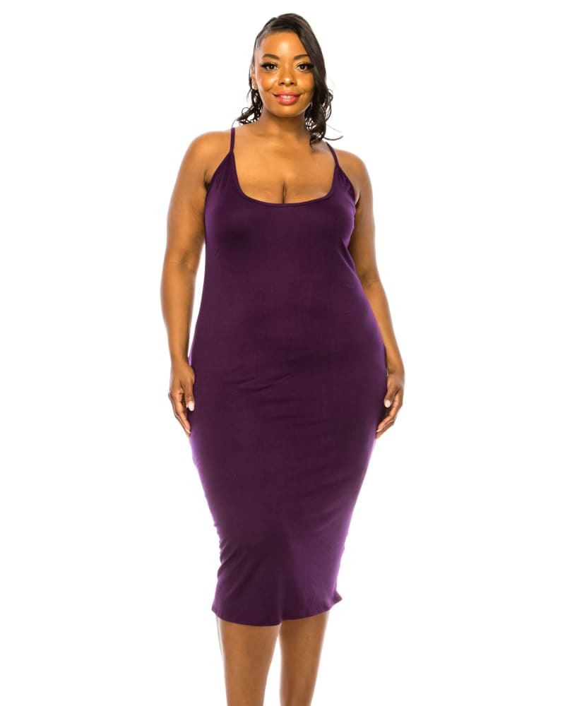 Front of a model wearing a size 2X Jennie Spaghetti Strap Midi Dress in Eggplant by L I V D. | dia_product_style_image_id:292616